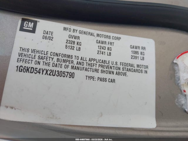 44687868 :رقم المزاد ، 1G6KD54YX2U305790 vin ، 2002 Cadillac Deville Standard مزاد بيع