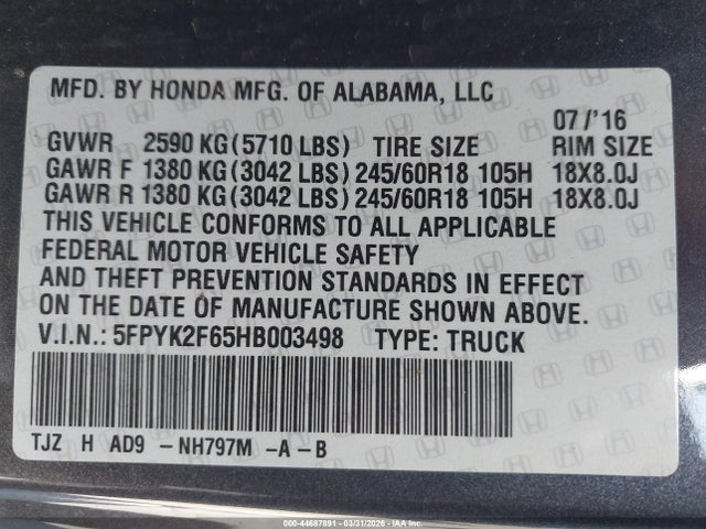 Auction sale of the 2017 Honda Ridgeline Rtl-t, vin: 5FPYK2F65HB003498, lot number: 44687891