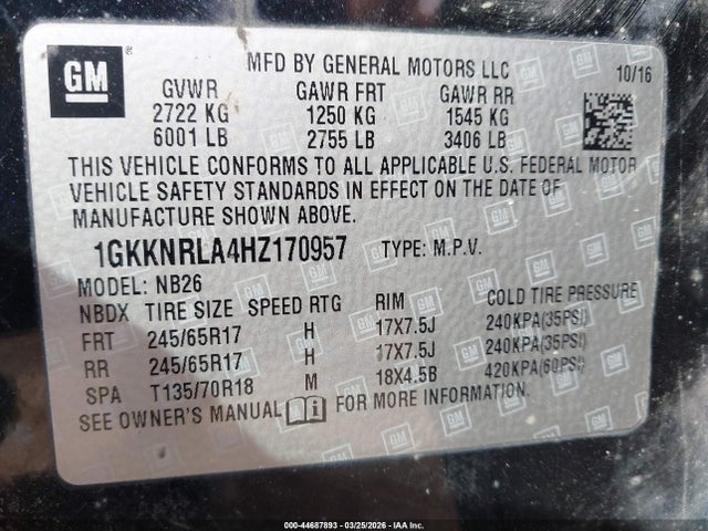 44687893 :رقم المزاد ، 1GKKNRLA4HZ170957 vin ، 2017 Gmc Acadia Sle-1 مزاد بيع