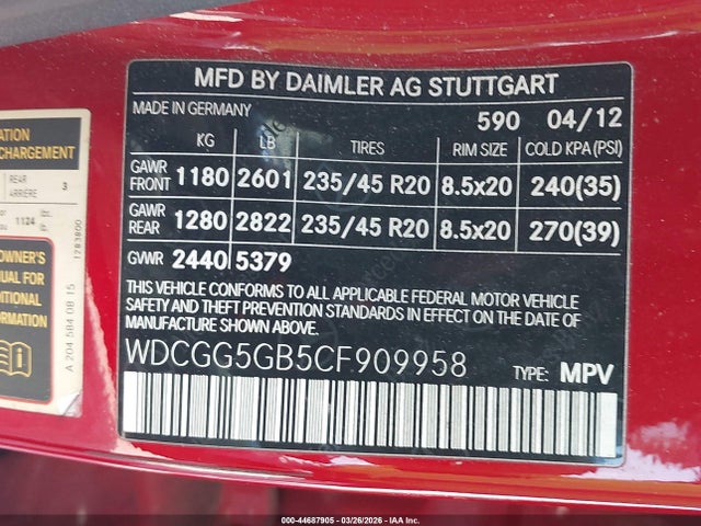 44687905 :رقم المزاد ، WDCGG5GB5CF909958 vin ، 2012 Mercedes-benz Glk 350 مزاد بيع