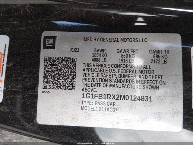 Aukcja sprzedaży 2021 Chevrolet Camaro Rwd  1ls, vin: 1G1FB1RX2M0124831, numer aukcji: 44687908