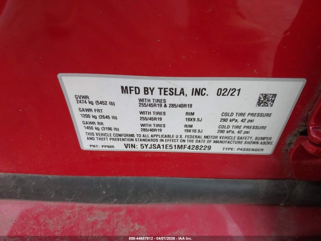 Продажа на аукционе авто 2021 Tesla Model S Long Range Dual Motor All-wheel Drive, vin: 5YJSA1E51MF428229, номер лота: 44687912