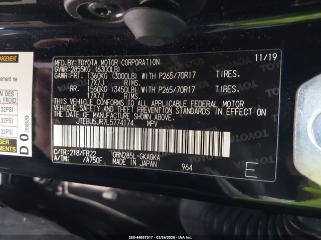 2020 Toyota 4runner Sr5 მანქანა იყიდება აუქციონზე, vin: JTEBU5JR7L5774174, აუქციონის ნომერი: 44687917