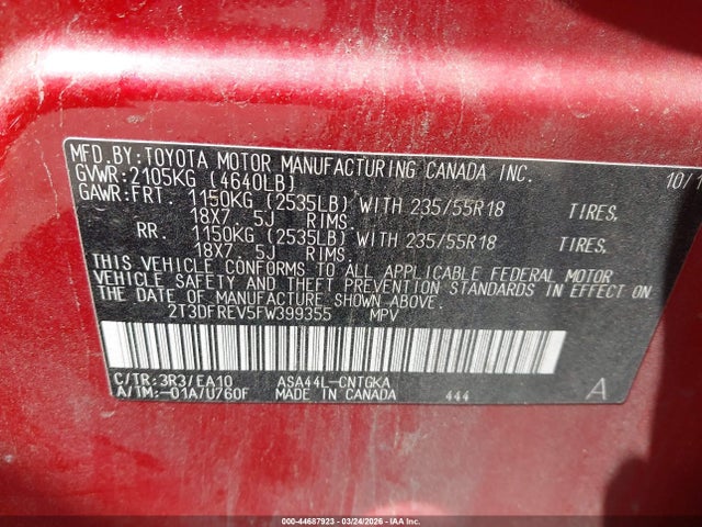 Toyota Rav4 Limited 2015 2T3DFREV5FW399355 Image 9