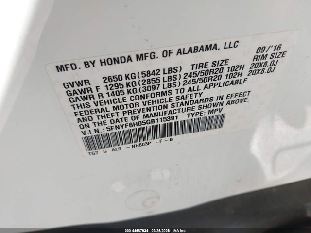 5FNYF6H05GB115391 Honda Pilot Elite