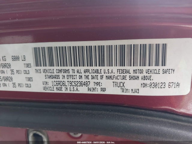 Aukcja sprzedaży 2012 Ram 1500 Slt, vin: 1C6RD6LT9CS236487, numer aukcji: 44687938