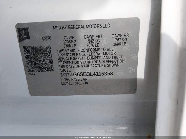 Продажа на аукционе авто 2020 Chevrolet Sonic Fwd  1fl 5-door, vin: 1G1JG6SB3L4115358, номер лота: 44687955