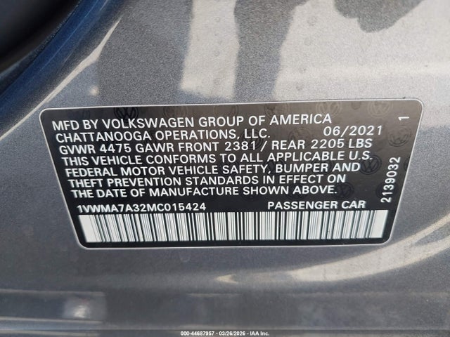 Продажа на аукционе авто 2021 Volkswagen Passat 2.0t R-line, vin: 1VWMA7A32MC015424, номер лота: 44687957
