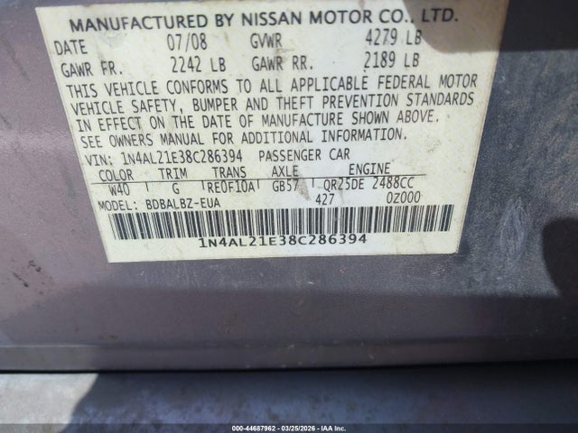 Продажа на аукционе авто 2008 Nissan Altima 2.5 S, vin: 1N4AL21E38C286394, номер лота: 44687962