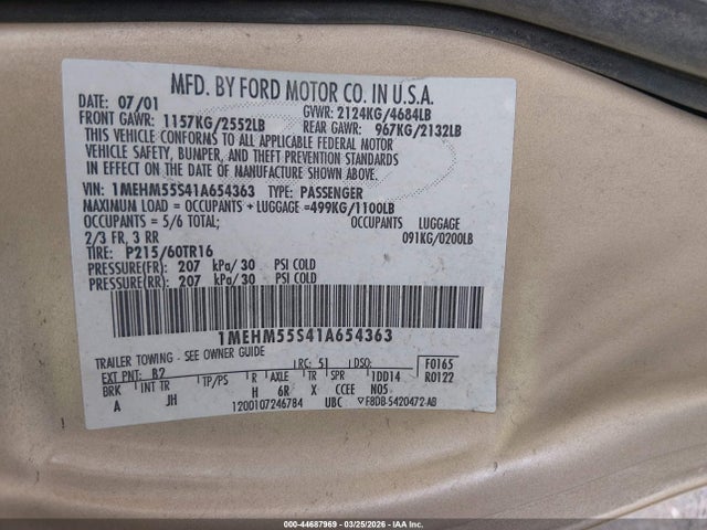Aukcja sprzedaży 2001 Mercury Sable Ls Premium, vin: 1MEHM55S41A654363, numer aukcji: 44687969