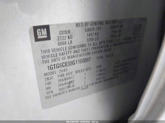 Aukcja sprzedaży 2016 Gmc Canyon Sle, vin: 1GTG6CE38G1160097, numer aukcji: 44687980