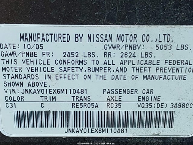 Aukcja sprzedaży 2006 Infiniti M35, vin: JNKAY01EX6M110481, numer aukcji: 44688011