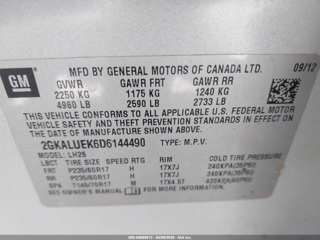 2013 Gmc Terrain Slt-1 მანქანა იყიდება აუქციონზე, vin: 2GKALUEK6D6144490, აუქციონის ნომერი: 44688013