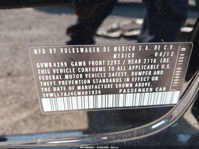 Продаж на аукціоні авто 2012 Volkswagen Jetta 2.0l Tdi, vin: 3VWLL7AJ4CM401926, номер лоту: 44688021