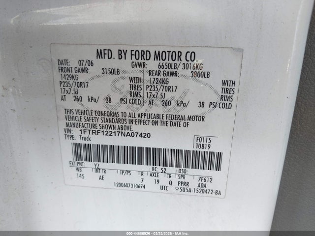 44688026 :رقم المزاد ، 1FTRF12217NA07420 vin ، 2007 Ford F-150 Stx/xl/xlt مزاد بيع