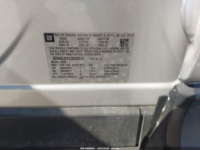 Aukcja sprzedaży 2018 Chevrolet Equinox Lt, vin: 3GNAXJEV1JS586512, numer aukcji: 44688041