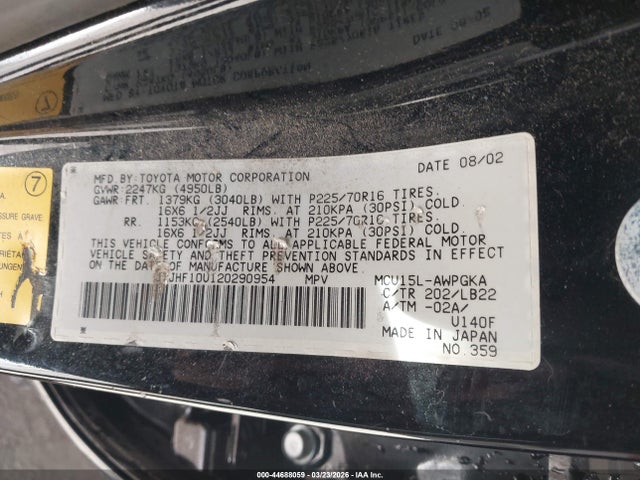 44688059 :رقم المزاد ، JTJHF10U120290954 vin ، 2002 Lexus Rx 300 مزاد بيع
