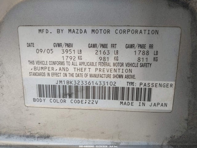 2006 Mazda Mazda3 S Grand Touring მანქანა იყიდება აუქციონზე, vin: JM1BK323361433102, აუქციონის ნომერი: 44688060