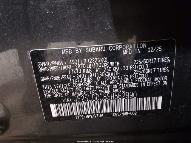 Продаж на аукціоні авто 2025 Subaru Forester Premium, vin: JF2SLDDC8SH562990, номер лоту: 44688072
