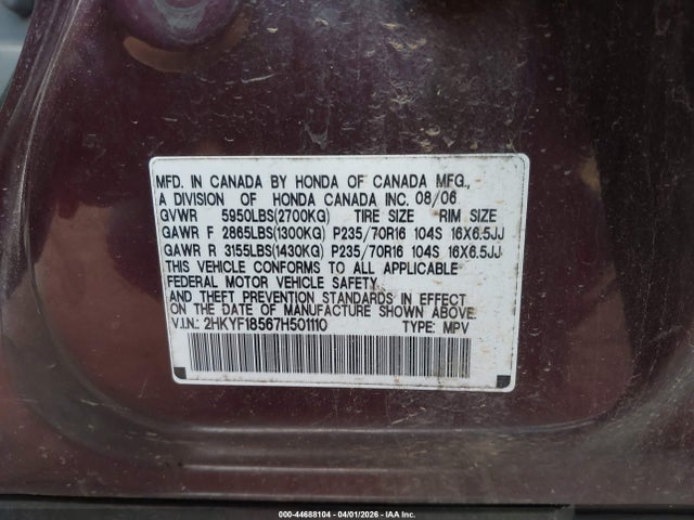 2007 HONDA PILOT 2HKYF18567H501110 Photo 8