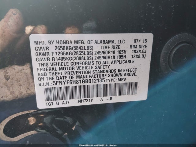 5FNYF6H81GB012135 Honda Pilot Ex-l