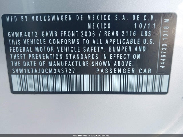 44688123 :رقم المزاد ، 3VW1K7AJ0CM343727 vin ، 2012 Volkswagen Jetta 2.0l S مزاد بيع