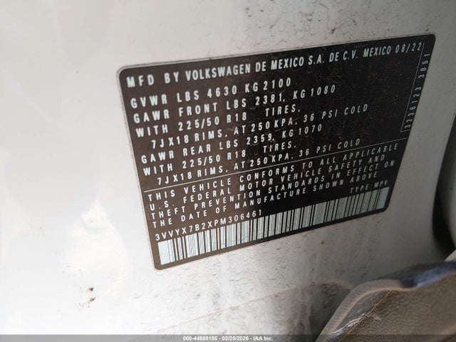 44688155 :رقم المزاد ، 3VVYX7B2XPM306461 vin ، 2023 Volkswagen Taos 1.5t Se مزاد بيع