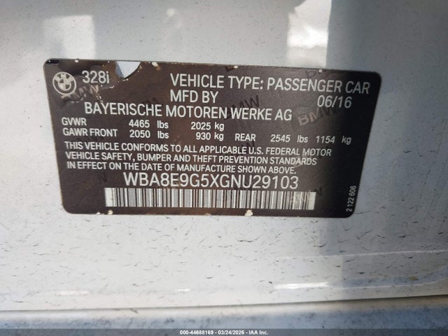 Продажа на аукционе авто 2016 Bmw 328i, vin: WBA8E9G5XGNU29103, номер лота: 44688169