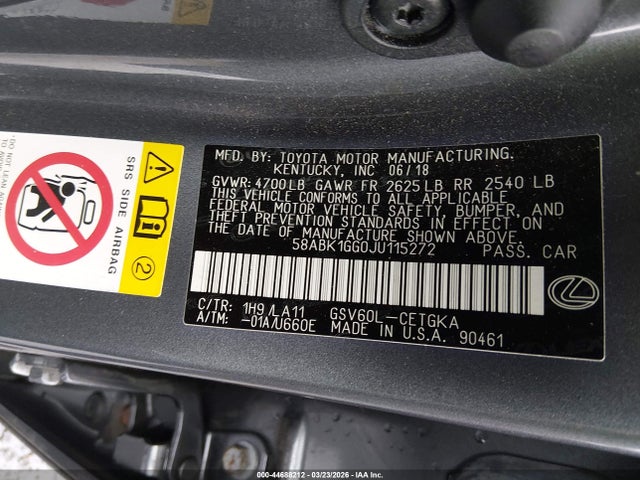 44688212 :رقم المزاد ، 58ABK1GG0JU115272 vin ، 2018 Lexus Es 350 مزاد بيع
