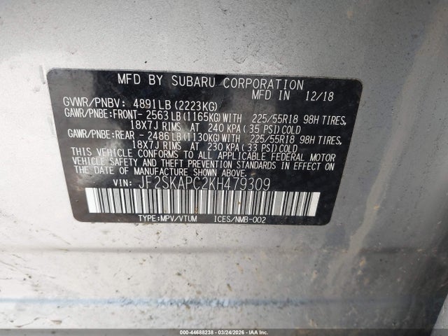 2019 Subaru Forester Sport მანქანა იყიდება აუქციონზე, vin: JF2SKAPC2KH479309, აუქციონის ნომერი: 44688238