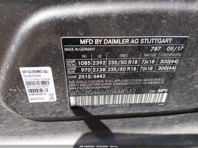 Aukcja sprzedaży 2018 Mercedes-benz Gla 250 4matic, vin: WDCTG4GB0JJ448512, numer aukcji: 44688242