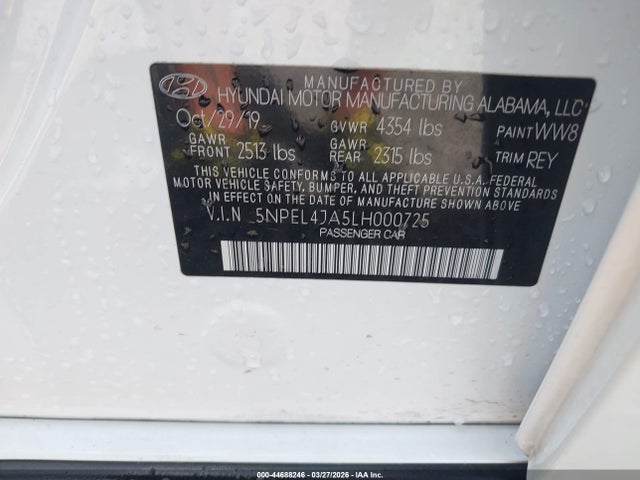 5NPEL4JA5LH000725 Hyundai SONATA SEL