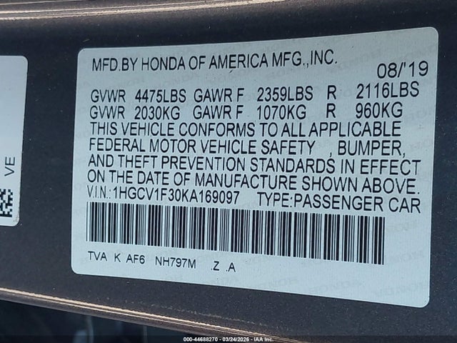 Продаж на аукціоні авто 2019 Honda Accord Sport, vin: 1HGCV1F30KA169097, номер лоту: 44688270