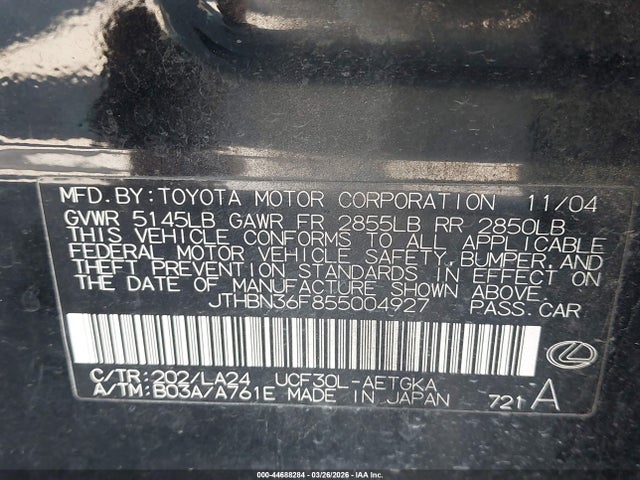 2005 LEXUS LS 430 JTHBN36F855004927 Photo 8