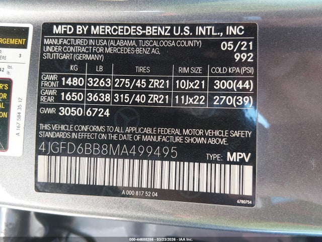 44688286 :رقم المزاد ، 4JGFD6BB8MA499495 vin ، 2021 Mercedes-benz Amg Gle 53 Coupe 4matic مزاد بيع