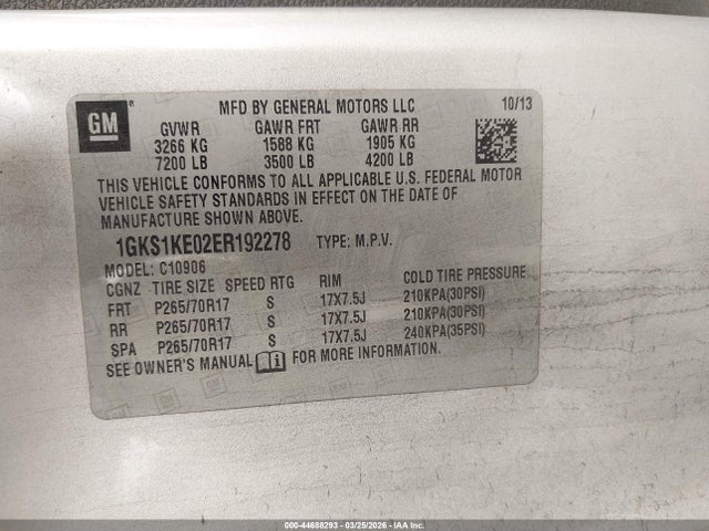 2014 Gmc Yukon Xl 1500 Slt მანქანა იყიდება აუქციონზე, vin: 1GKS1KE02ER192278, აუქციონის ნომერი: 44688293