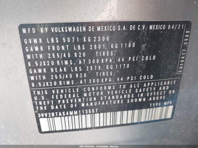 2021 Volkswagen Tiguan 2.0t Se/2.0t Se R-line Black/2.0t Sel მანქანა იყიდება აუქციონზე, vin: 3VV2B7AX4MM113557, აუქციონის ნომერი: 44688302