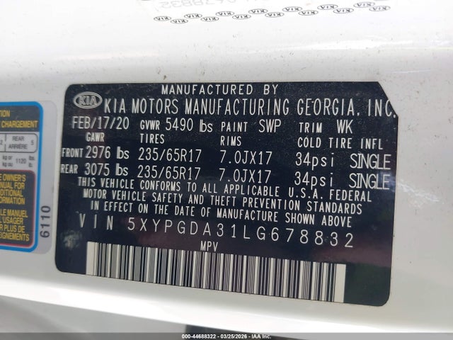 Aukcja sprzedaży 2020 Kia Sorento 2.4l Lx, vin: 5XYPGDA31LG678832, numer aukcji: 44688322