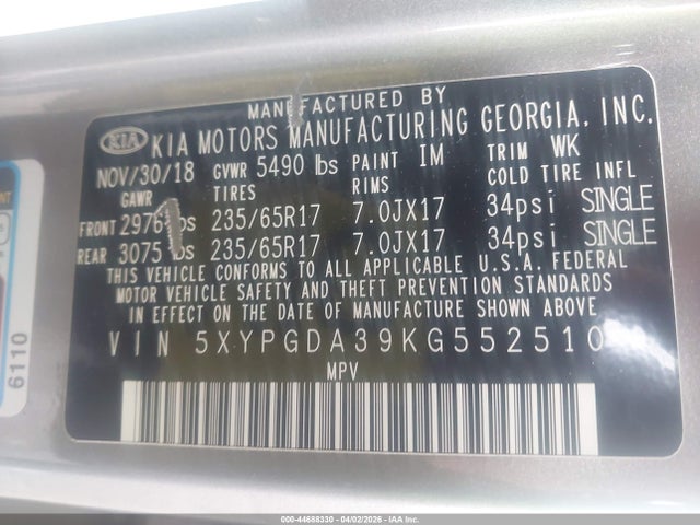 2019 Kia Sorento 2.4l Lx მანქანა იყიდება აუქციონზე, vin: 5XYPGDA39KG552510, აუქციონის ნომერი: 44688330