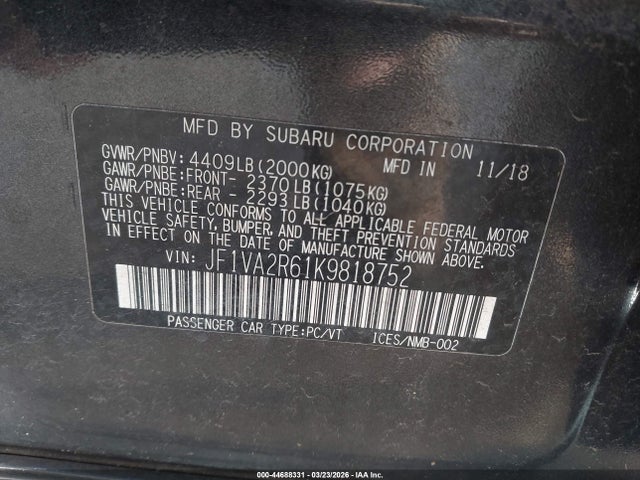 Продажа на аукционе авто 2019 Subaru Wrx Sti, vin: JF1VA2R61K9818752, номер лота: 44688331