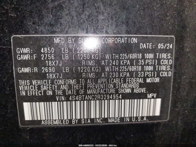 2024 Subaru Outback Limited მანქანა იყიდება აუქციონზე, vin: 4S4BTANC2R3294954, აუქციონის ნომერი: 44688332