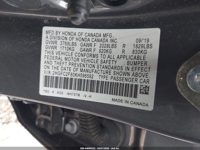 44688333 :رقم المزاد ، 2HGFC2F80KH596592 vin ، 2019 Honda Civic Sport مزاد بيع