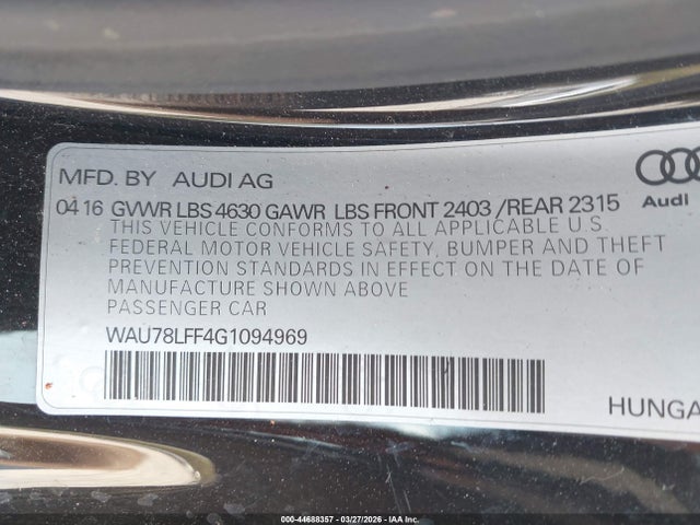 Продажа на аукционе авто 2016 Audi A3 2.0t Premium, vin: WAU78LFF4G1094969, номер лота: 44688357