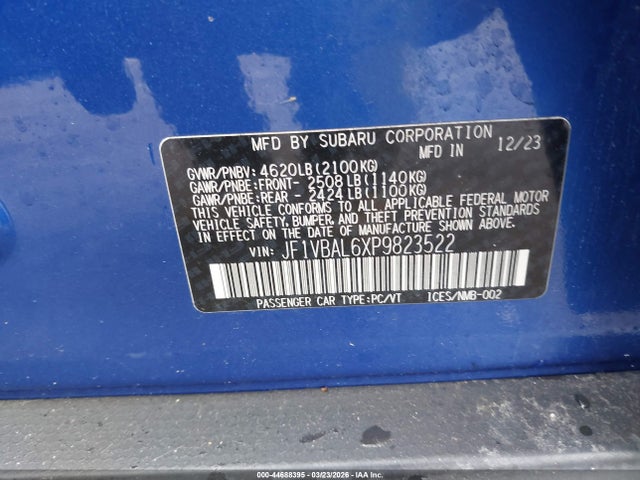 Продажа на аукционе авто 2023 Subaru Wrx Limited, vin: JF1VBAL6XP9823522, номер лота: 44688395