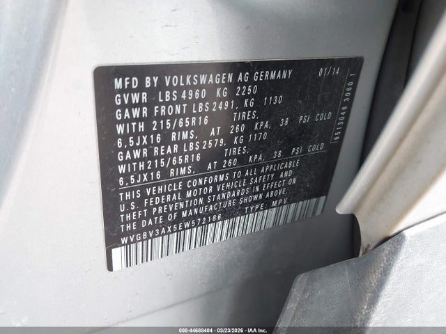 Продаж на аукціоні авто 2014 Volkswagen Tiguan S, vin: WVGBV3AX5EW572186, номер лоту: 44688404