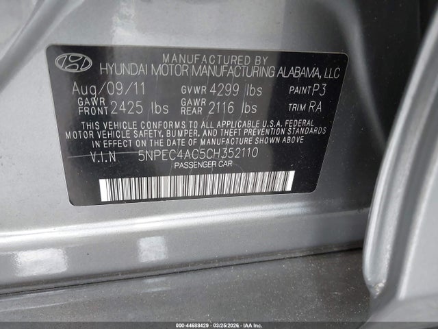Продаж на аукціоні авто 2012 Hyundai Sonata Se, vin: 5NPEC4AC5CH352110, номер лоту: 44688429