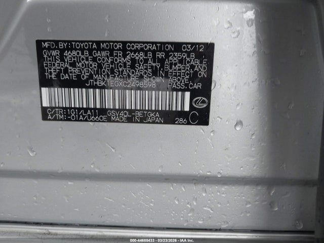 Aukcja sprzedaży 2012 Lexus Es 350, vin: JTHBK1EGXC2498598, numer aukcji: 44688433