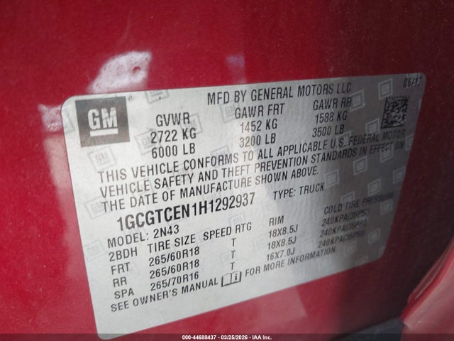 44688437 :رقم المزاد ، 1GCGTCEN1H1292937 vin ، 2017 Chevrolet Colorado Lt مزاد بيع