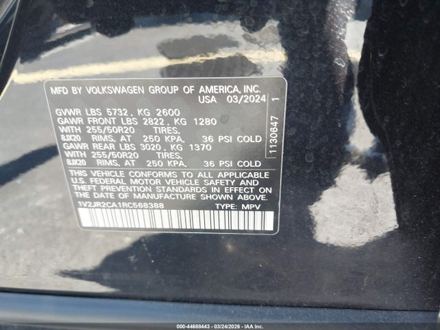 2024 Volkswagen Atlas 2.0t Se W/technology მანქანა იყიდება აუქციონზე, vin: 1V2JR2CA1RC568388, აუქციონის ნომერი: 44688443