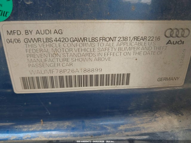 2006 Audi A3 2.0t მანქანა იყიდება აუქციონზე, vin: WAUMF78P26A188899, აუქციონის ნომერი: 44688472